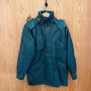 Vintage 1990 Saxony Parka Hooded Fur Lined Teal Green Leather L Men's Long